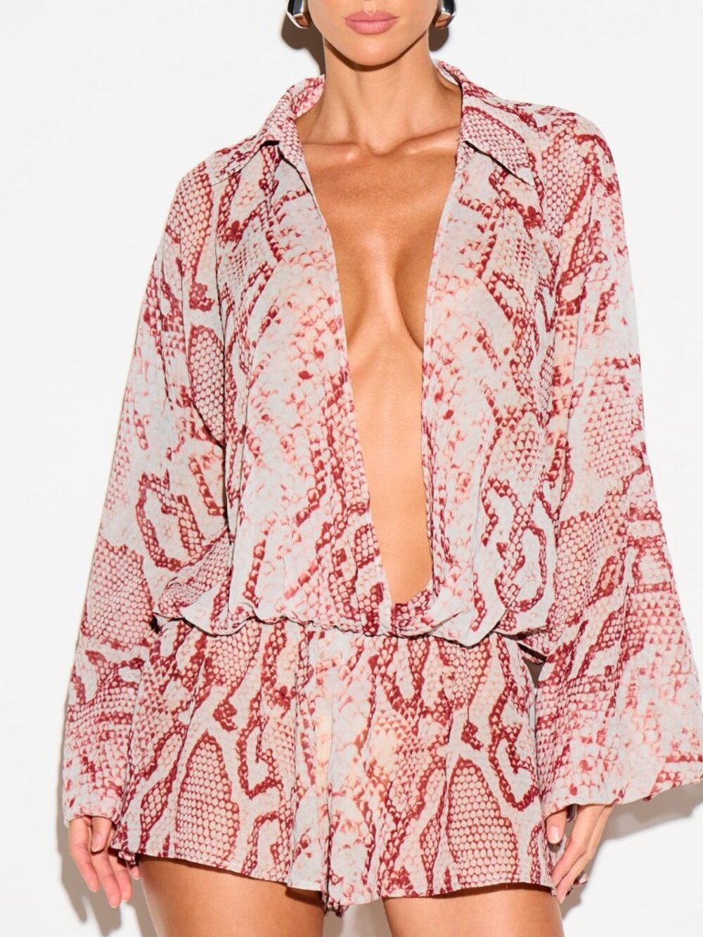 Burgundy Sexy Women's Snake Print Plunge Sleeve Romper Shorts Jumpsuit